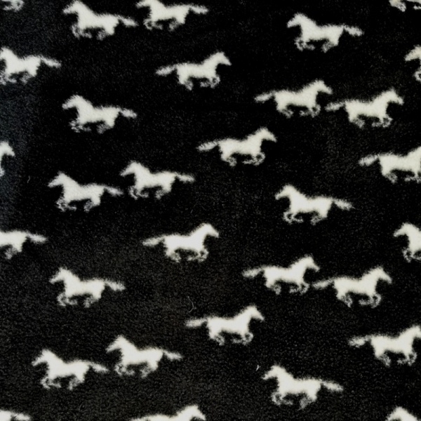 Printed Fleece Fabric - WHITE HORSES ON BLACK